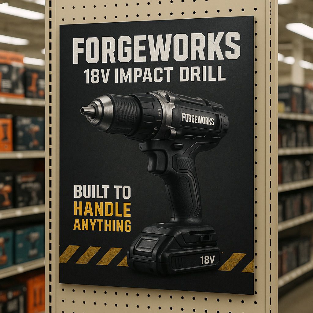 Advertisement for Forgeworks 18V impact drill printed on expanded PVC foam board; vibrant colors and crisp details, retail promotion digital inks.