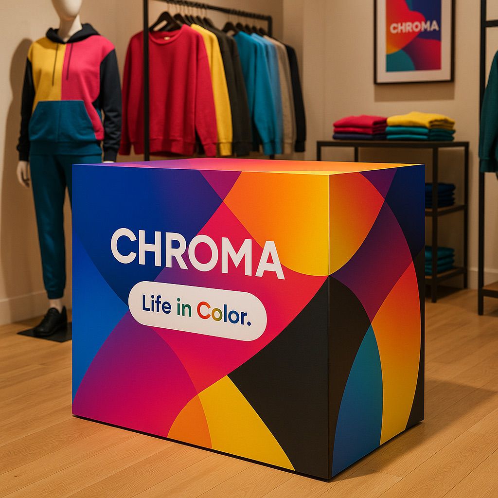 Vibrant MDF retail display cube with mannequins in a bright store, highlighting NUtec retail fixture digital inks.