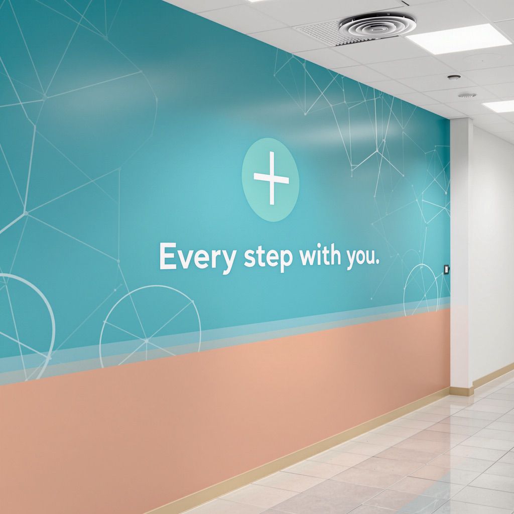 Hallway with blue and peach walls, white text 'Every step with you', tiled floor and recessed lighting, Retail Display Digital Inks.