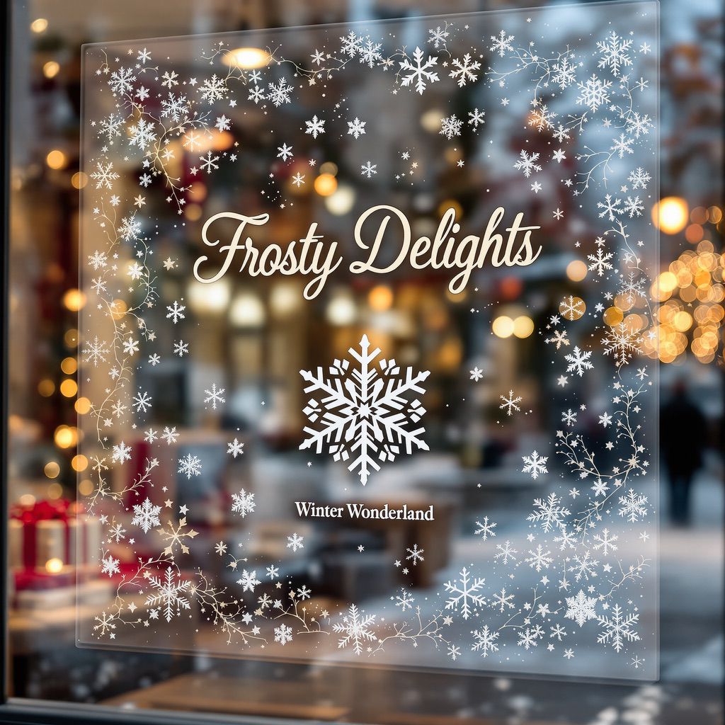 Close-up of a store window display featuring a large white snowflake graphic made from static cling film.