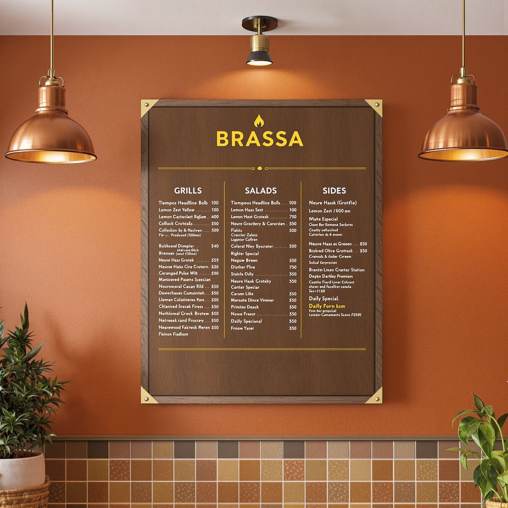 Dark wood restaurant menu board with Brassa items under warm copper pendant lighting, ideal for retail menu printing inks.