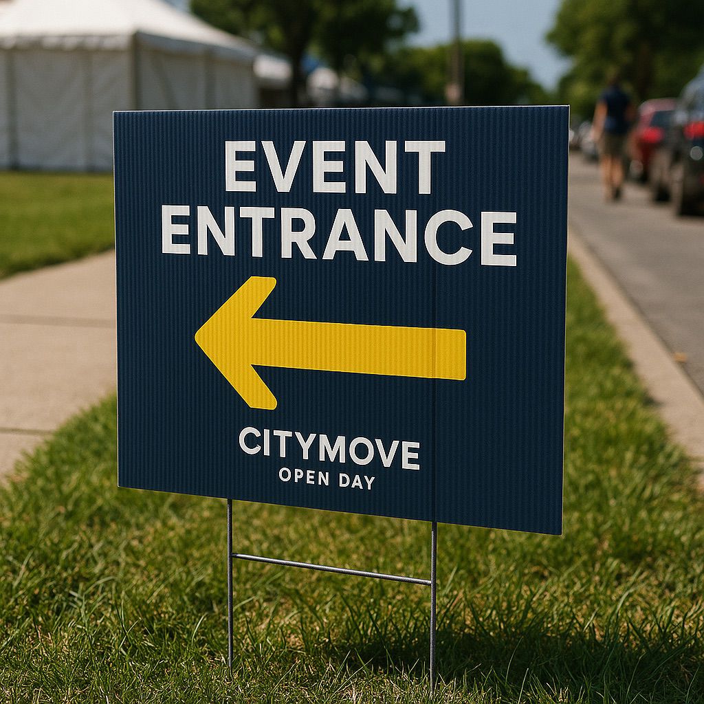 NUtec digital ink directional signs on corrugated plastic: blue and white event signs on a grassy lawn with a white tent.