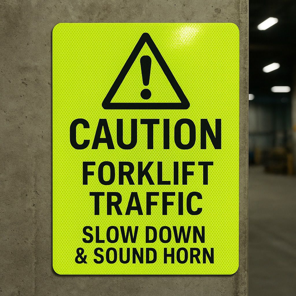 NUtec digital ink high visibility signs on a yellow/black forklift warning sign with high visibility inks