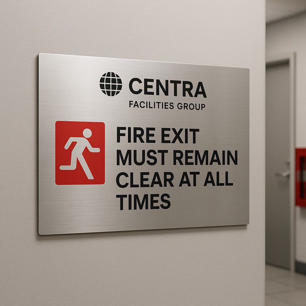 Stainless steel FIRE EXIT sign with red running man icon beside two doors; digital ink informational signage