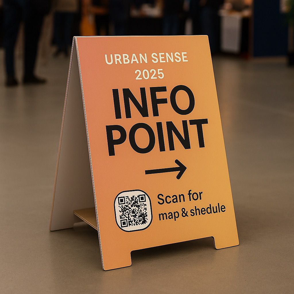 Orange corrugated cardboard sign with QR code for URBAN SENSE 2025 INFO POINT, showcasing digital ink mobile signage.