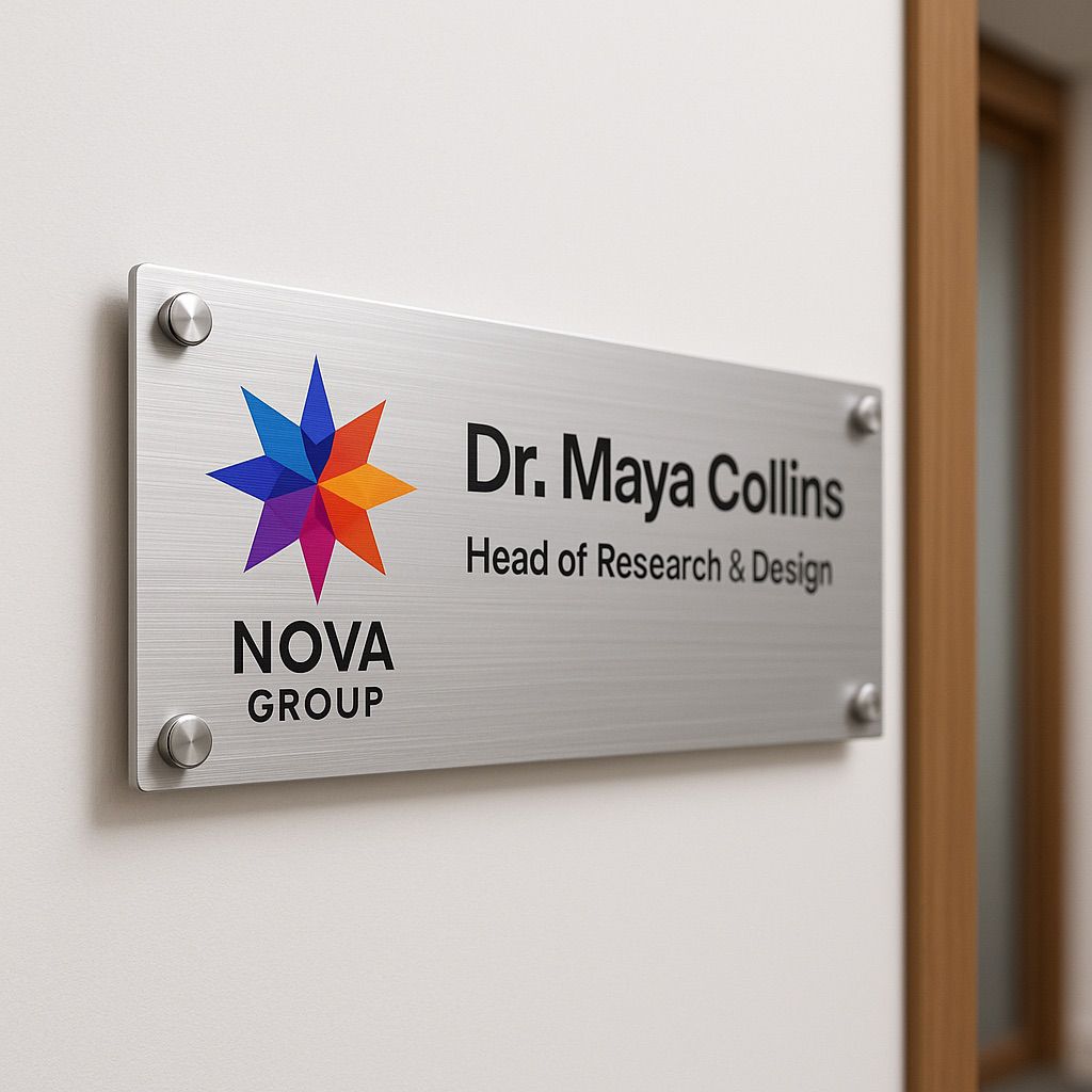 Close-up of a silver metal nameplate with a star logo and the text Dr. Maya Collins, Research, digital ink for nameplates