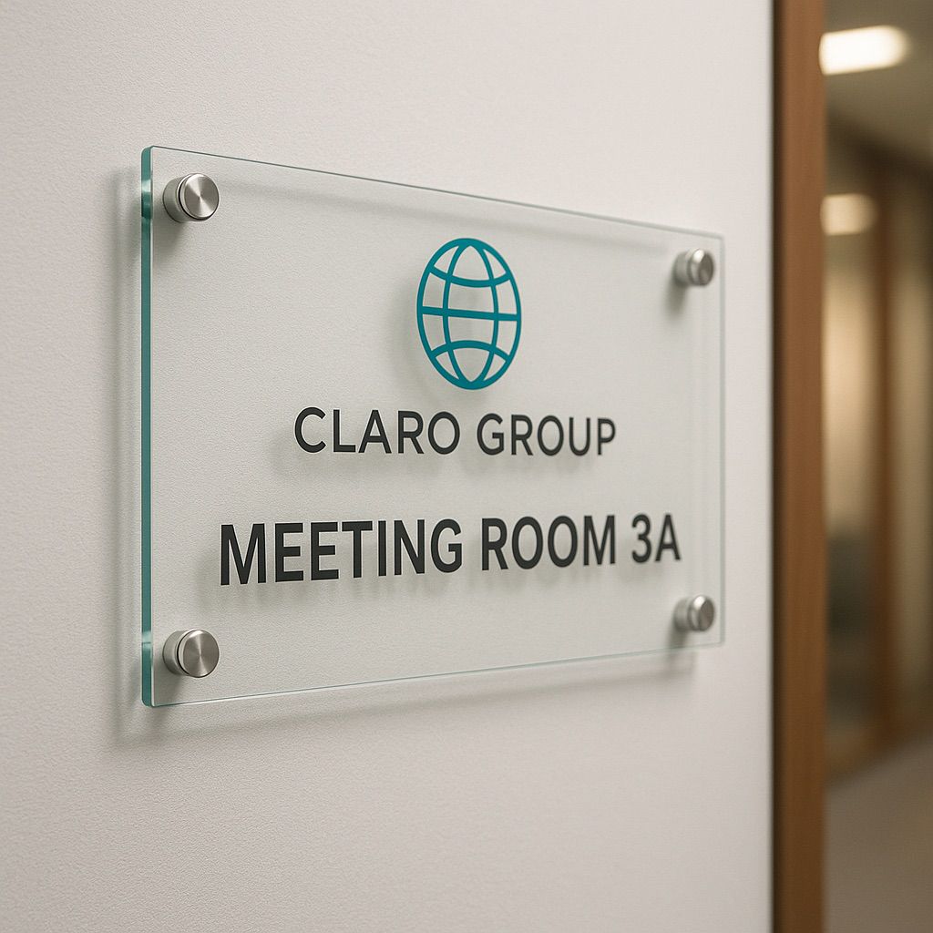 Glass office sign with a blue globe logo and white text 'CLARO GROUP MEETING ROOM 3A' on a wall, digital ink office signage
