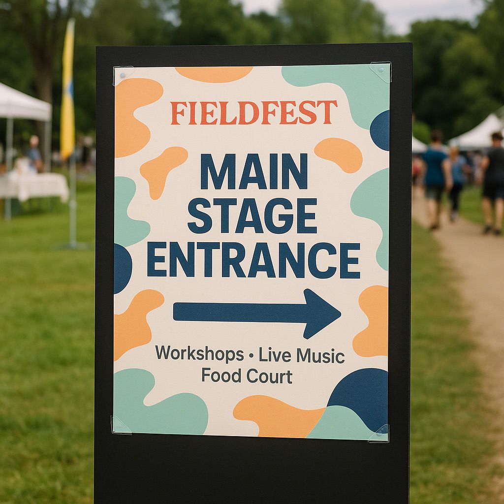 NUtec outdoor event signage inks: stage entrance sign with arrows, workshops, live music, food court on black background