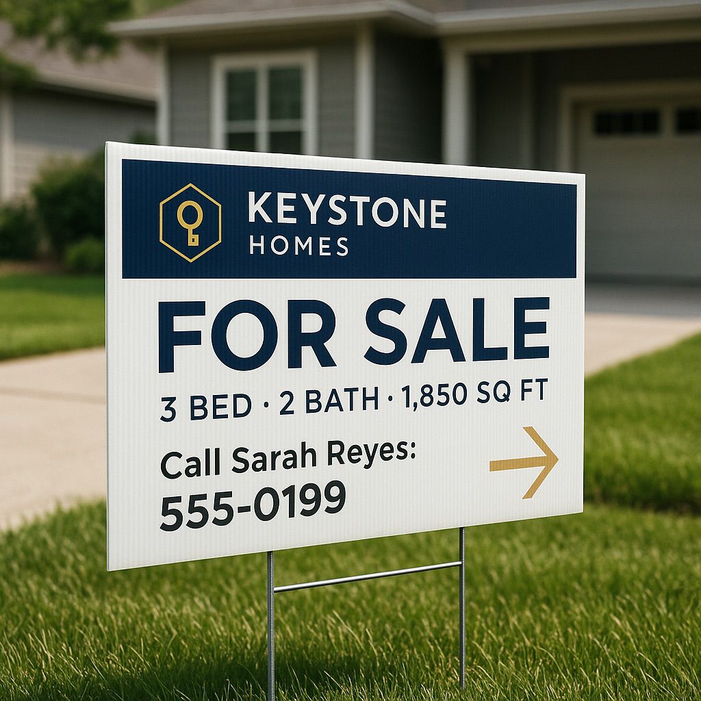 FOR SALE real estate sign in front of a modern gray house, vibrant, durable printing with NUtec digital ink real estate signs