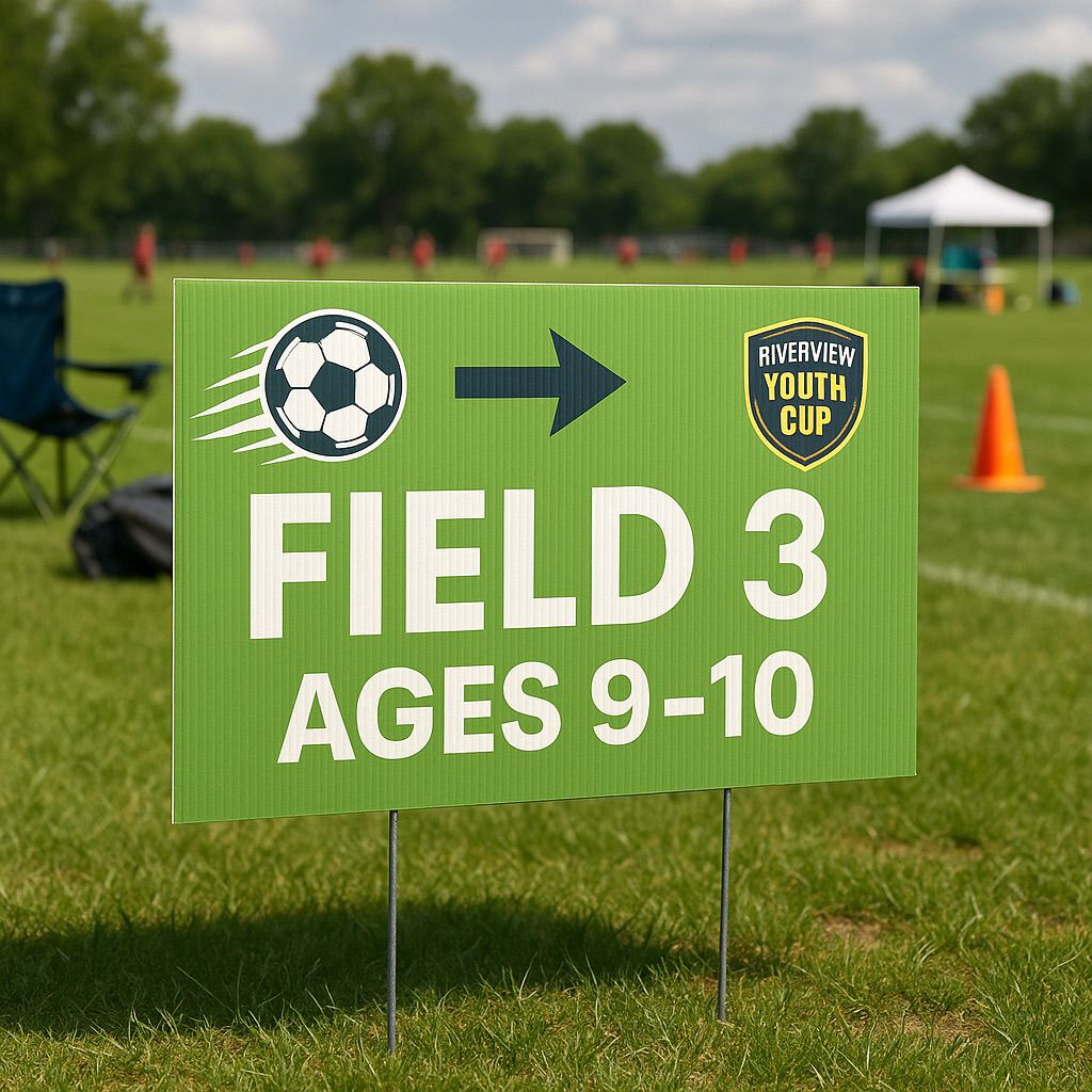 temporary outdoor signage ink: Green field sign for FIELD 3 AGES 9-10 soccer with Riverview Youth Cup logo (NUtec)
