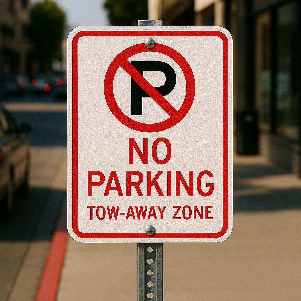 NUtec parking sign digital ink on cast SAV; red and white 'No Parking Tow-Away Zone' sign on a city sidewalk