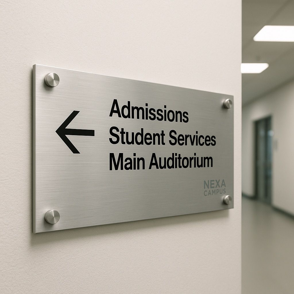 NUtec digital ink wayfinding signs on aluminium; durable, weather-resistant signage for navigation.