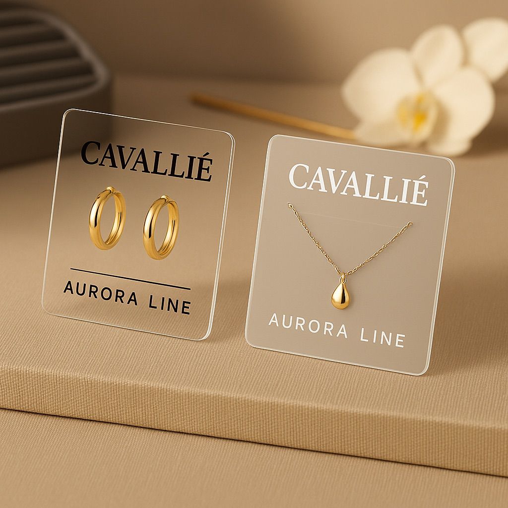 Close-up of gold Cavallie AURORA LINE acrylic earrings and a teardrop pendant on a surface with orchid, jewelry display printing inks.