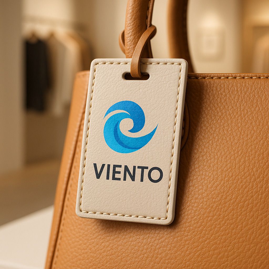 Beige VIENTO luggage tag on brown leather bag, crisp branding for luxury brand tag printing.