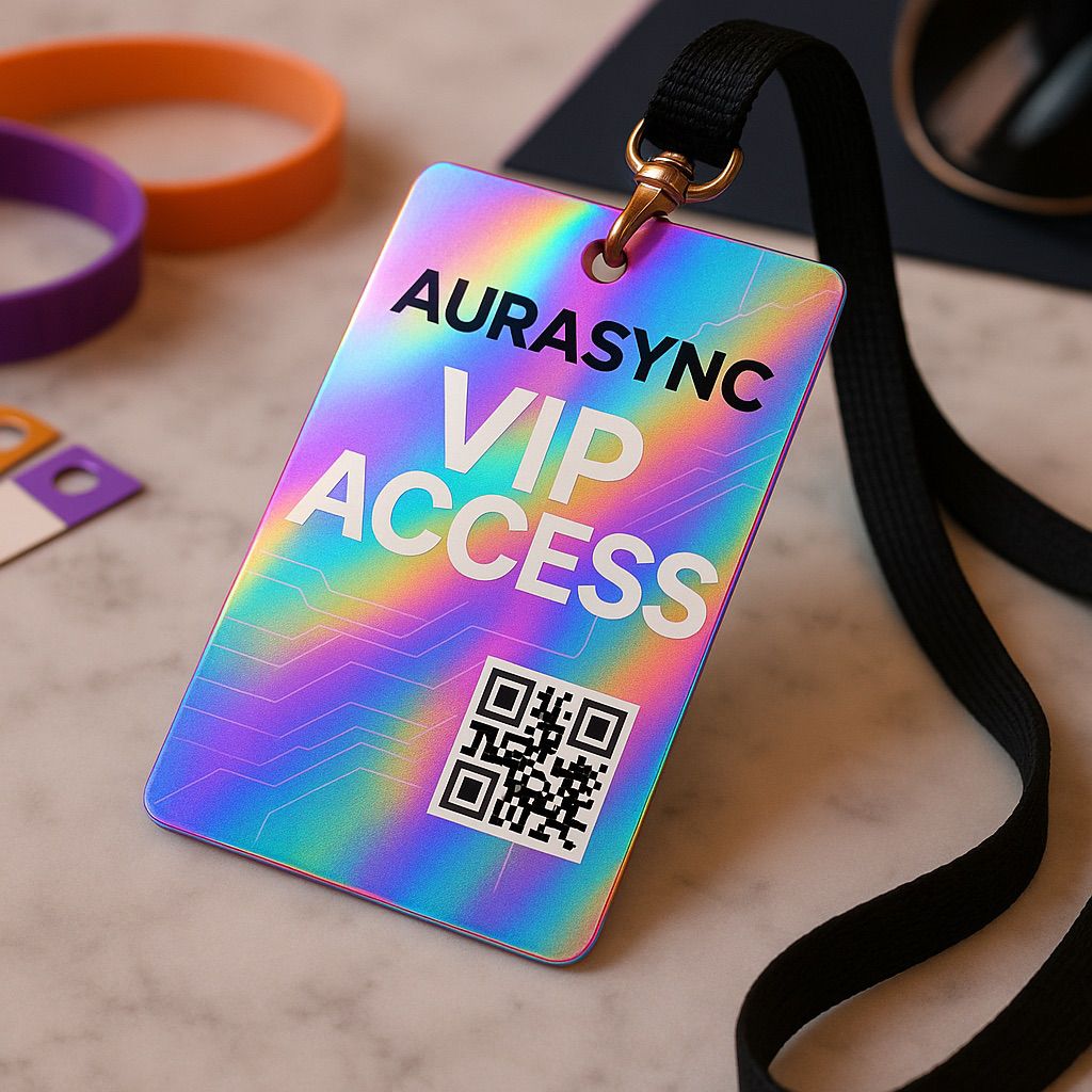 Close-up of a colorful 'AURASYNC VIP ACCESS' lanyard tag with a QR code, wristbands and sunglasses — luxury digital printing ink.