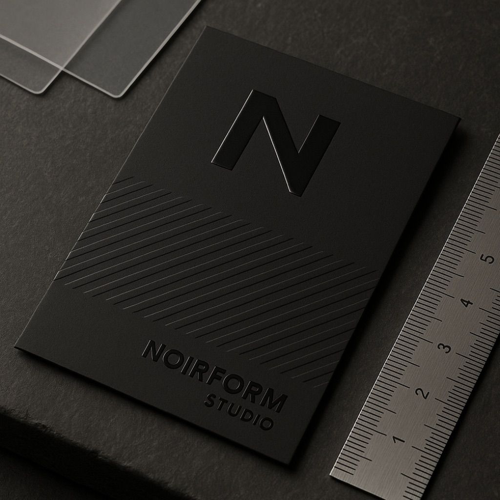 NUtec digital spot varnish ink on paperboard, raised glossy logo example for NOIRFORM STUDIO.
