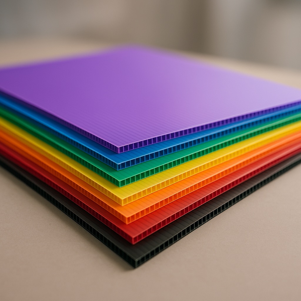 Close-up of a stack of vibrant, colorful corrugated plastic sheets, ideal for temporary signage and POP displays.