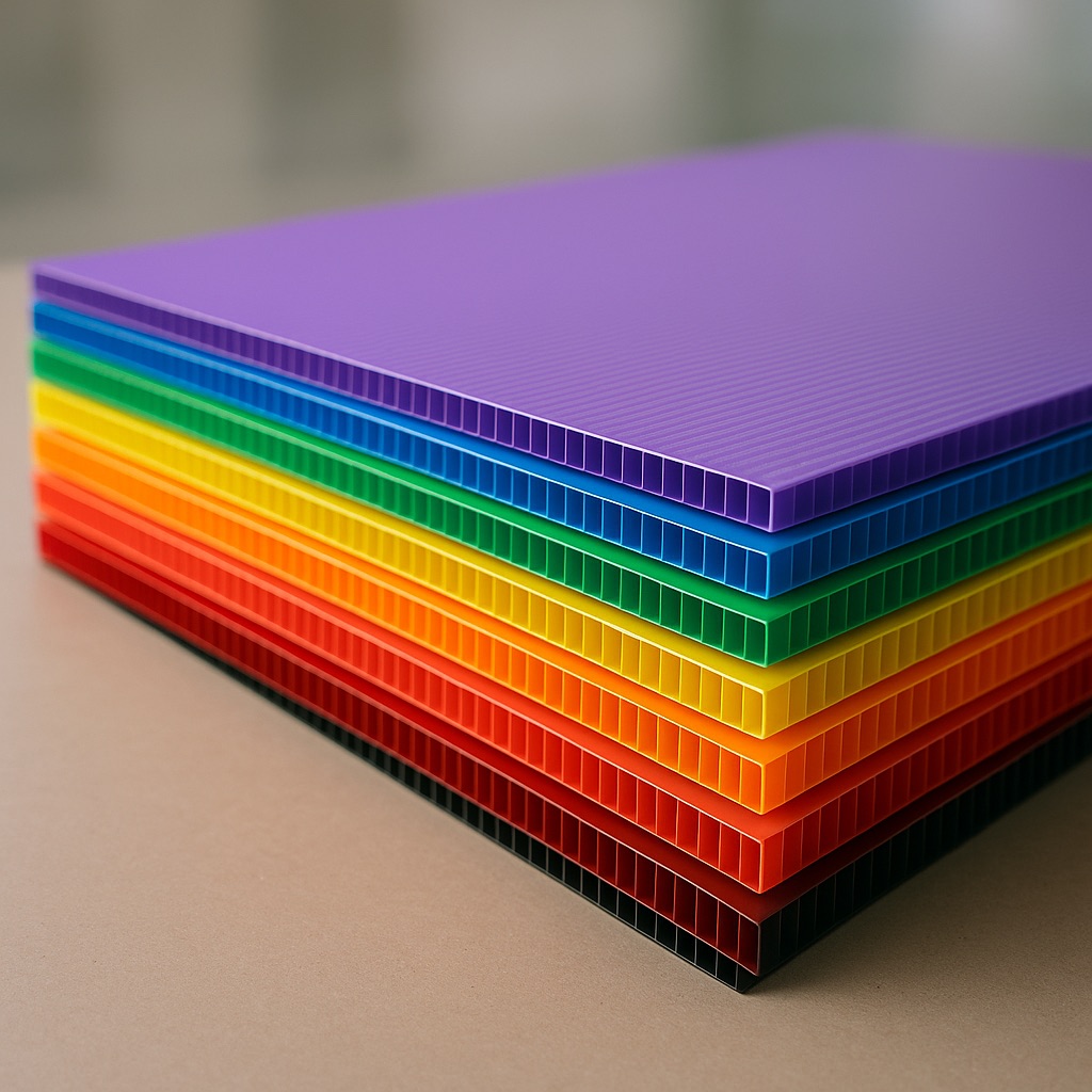 Stack of colorful fluted polypropylene sheets, ideal for outdoor signage, with vibrant purple, orange, yellow, and green.