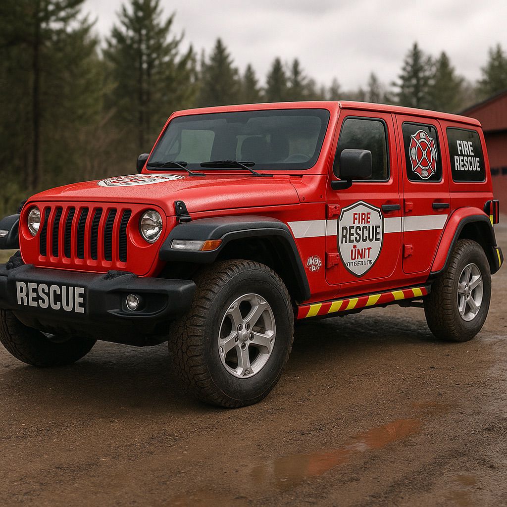 NUtec Emergency Vehicle Ink Solutions: Red Jeep Wrangler Rescue Unit on reflective fire-rescue wrap