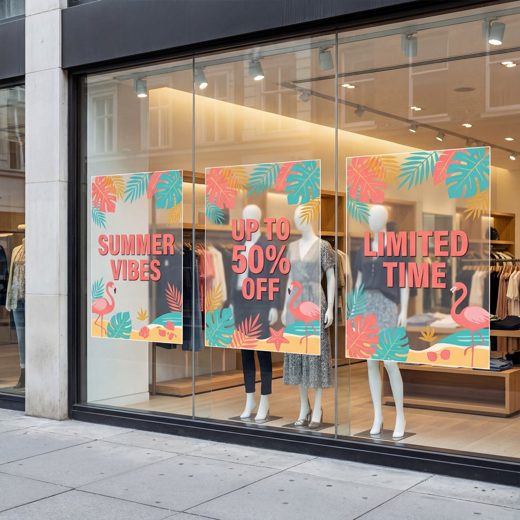retail window promotion inks: NUtec inks on repositionable vinyl window display with Summer vibes sale