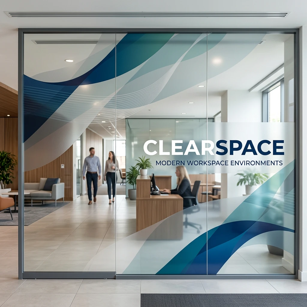 Optically clear vinyl window graphics printed with UV-cured inks for modern workspace environments, showcasing smooth gradients, sharp detail, and high light transmission.