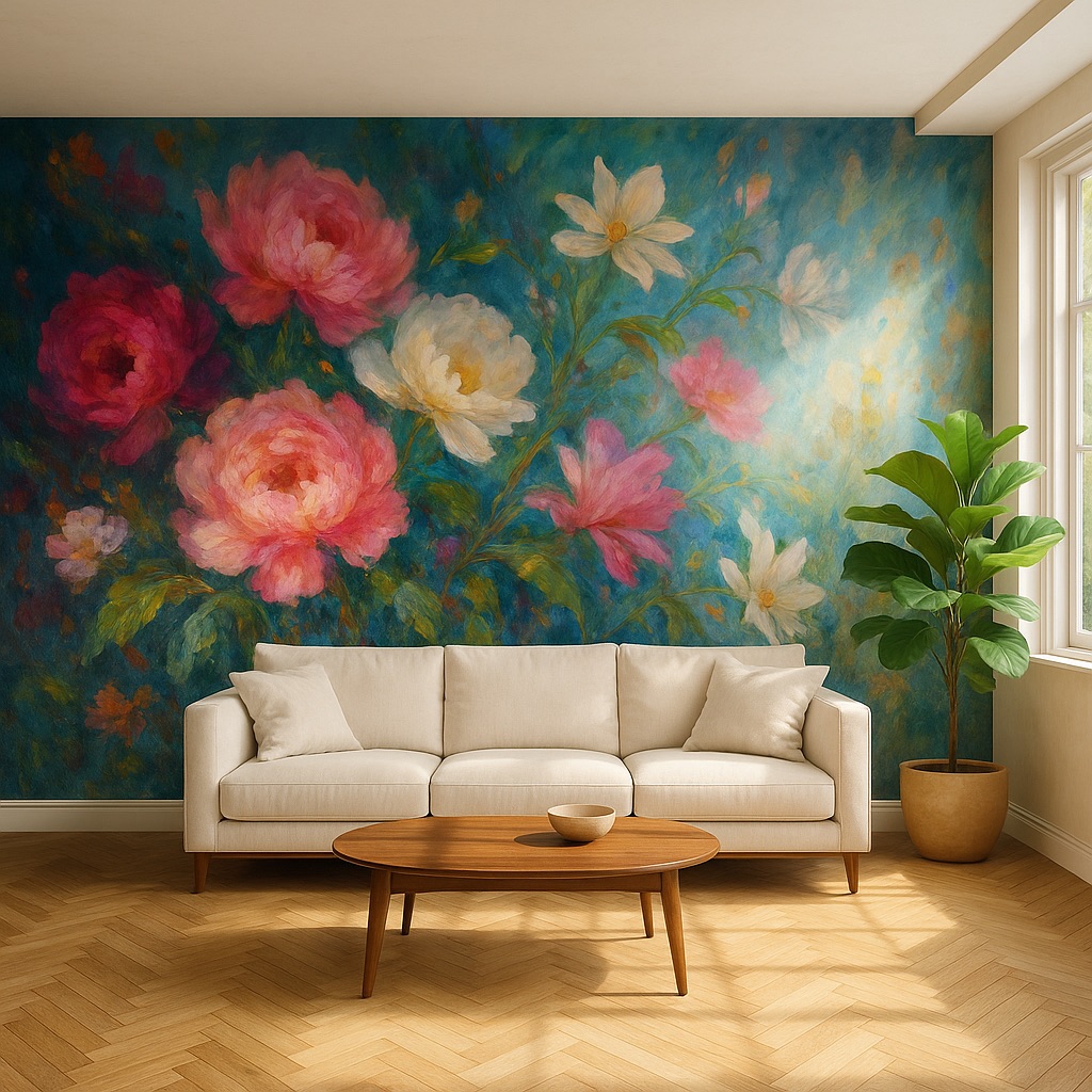 NUtec Digital Ink Wall Art on wallpaper mural: living room floral design with pink and green accents