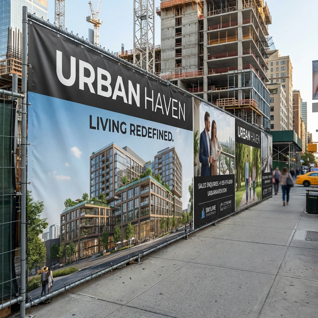 Large property development hoarding printed on frontlit PVC using NUtec UV ink