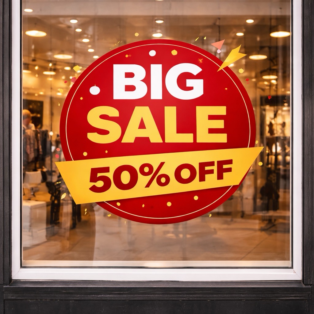Window display with a 'BIG SALE 50{d8a0dacfdda424957de4b2f4f276d086800de00c237c9f2b0ea69416263fb88a} OFF' sign made from removable calendered vinyl, showcasing large format graphics.