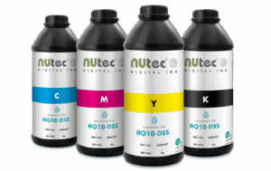 Aquamarine AQ10-DSS dye sublimation ink for polyester textiles and coated substrates, featuring vibrant colors and EUKEO-TEX® certification.
