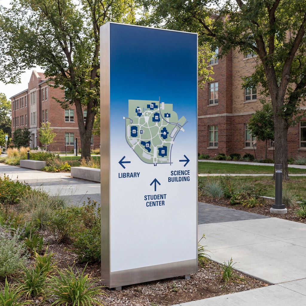 Campus wayfinding digital ink on UV-cured signage showing a university campus map in blue and white