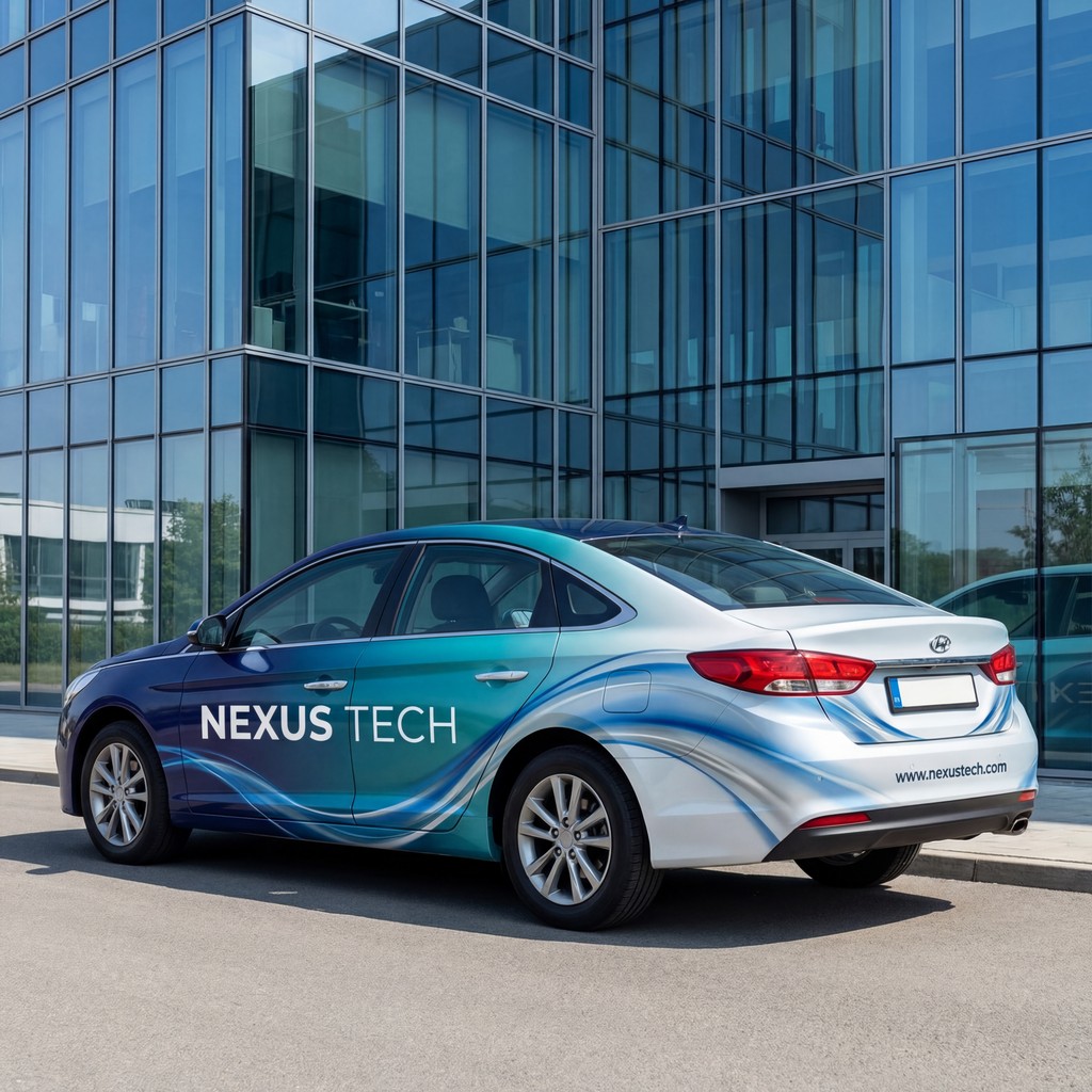 Passenger Vehicle Graphics Ink – NUtec Eco-Solvent inks on a blue Hyundai wrap.
