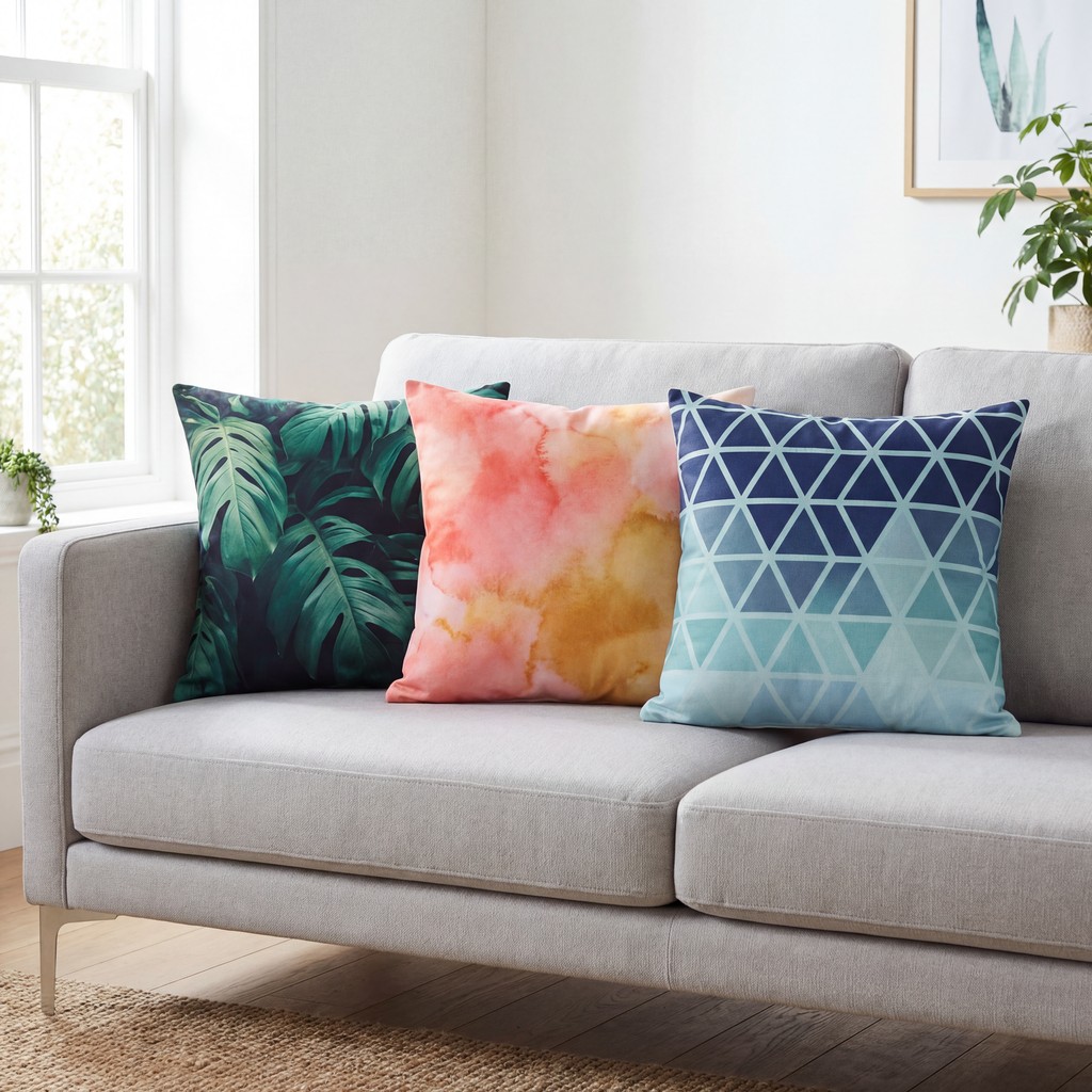 Dye-sublimation inks decorative pillows by NUtec: three colorful geometric throw pillows in a modern living room.