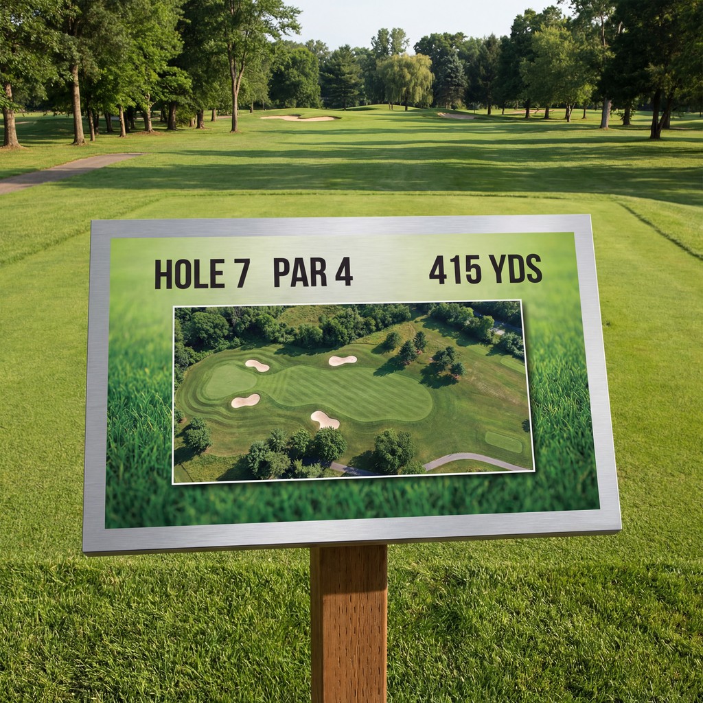 Aerial view of a pristine golf course with bunkers, fairways, and a prominent hole, showcasing ideal surfaces for NUtec Digital Ink signage.