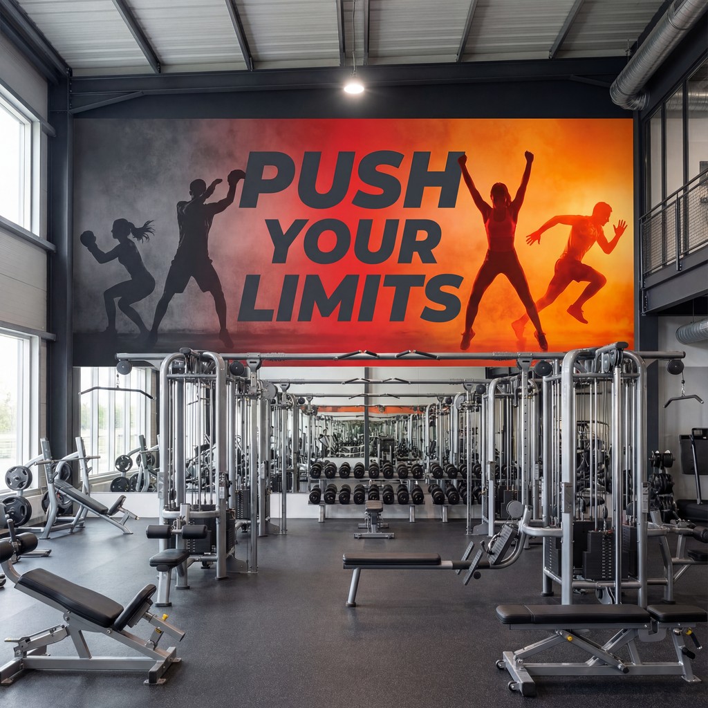 Gym wall mural with 'PUSH YOUR LIMITS' on orange, printed by NUtec UV-cured inks for Gym Wall Mural Printing.