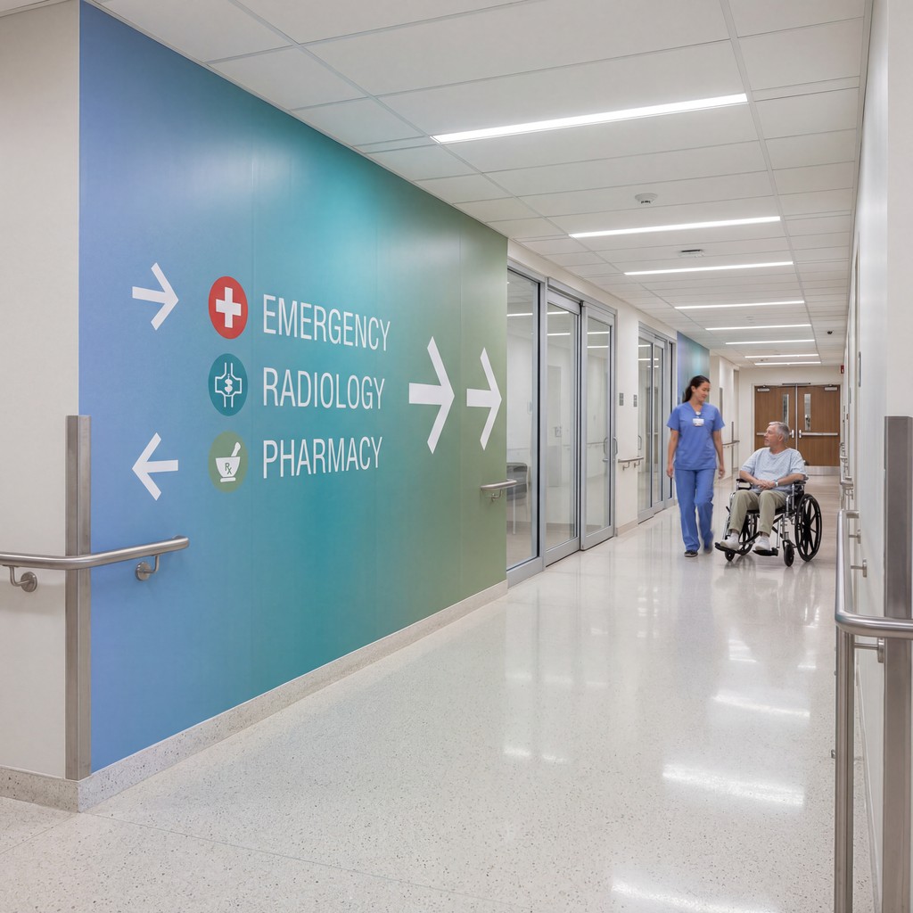 Hospital Wayfinding Digital Ink by NUtec: corridor signage on cleanable polymeric vinyl surfaces in a hospital