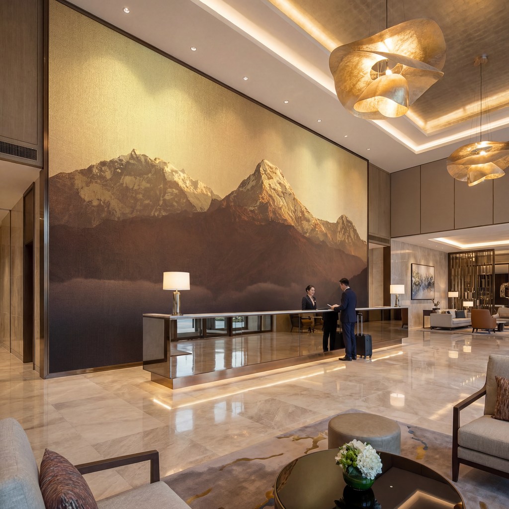 Hotel Feature Wall Inks by NUtec: Lobby mural on polymeric vinyl with Eco-Solvent and UV-Cured inks.