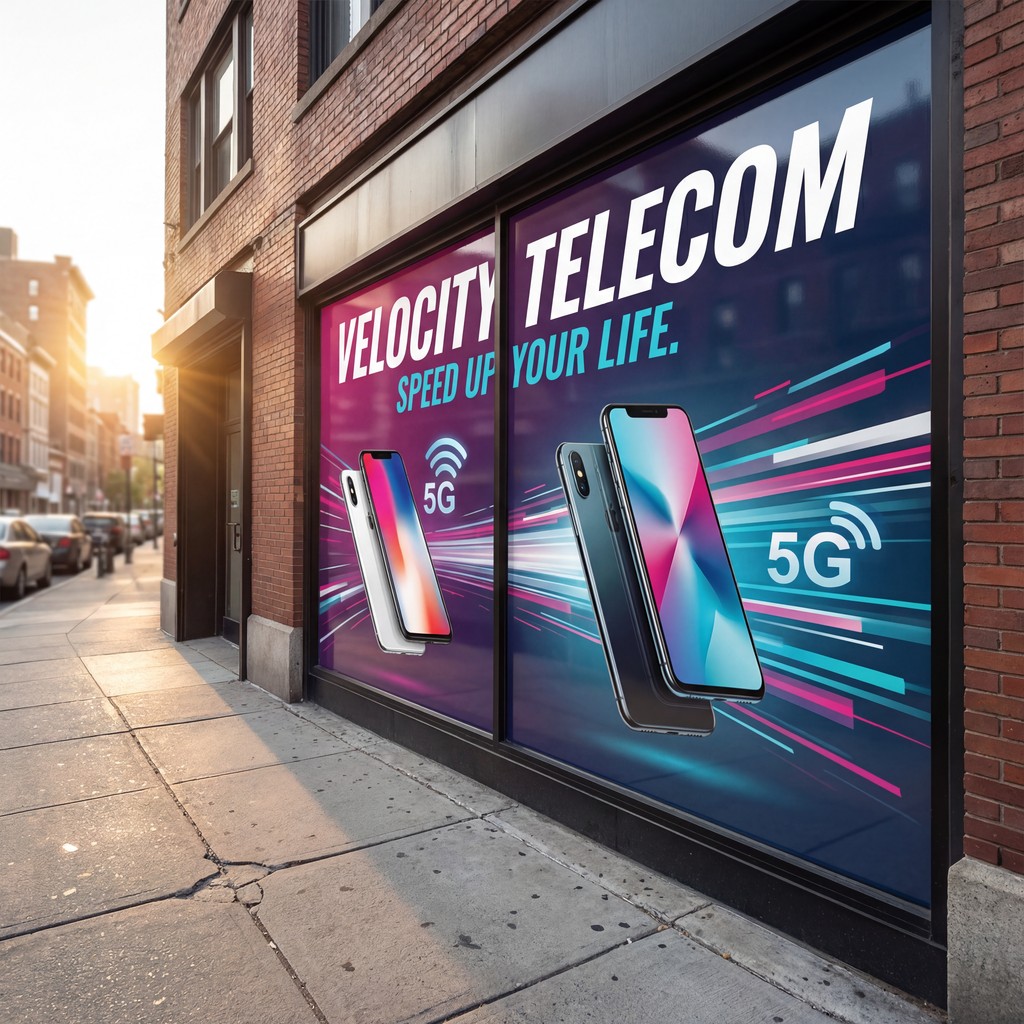 Large outdoor advertisement for Telecom featuring a blue background with pink and purple wavy lines, printed on monomeric vinyl.