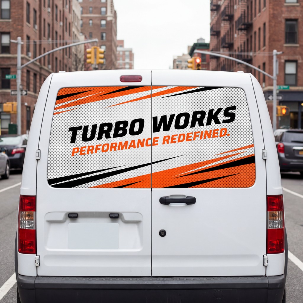 White van with 'TURBO WORKS PERFORMANCE REDEFINED' graphic on rear window, showcasing one-way vision film in urban setting.