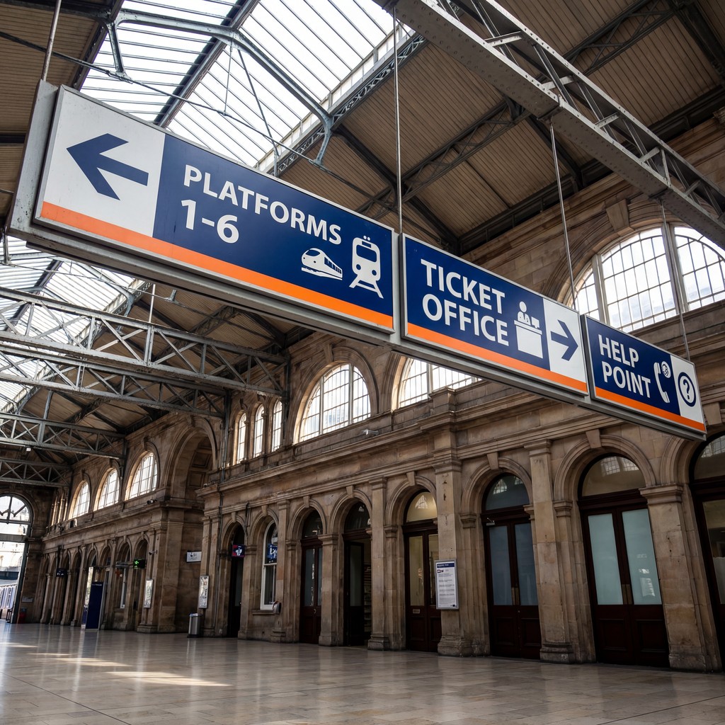 Train station interior with high ceiling, arched windows, and 'Platforms 1-6' sign. Polymeric Vinyl used for medium to long-term flat applications.