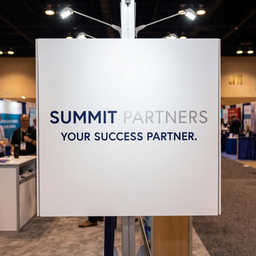 White PVC foamboard sign at Summit Partners booth with 'YOUR SUCCESS PARTNER' in black, lit by two lamps.