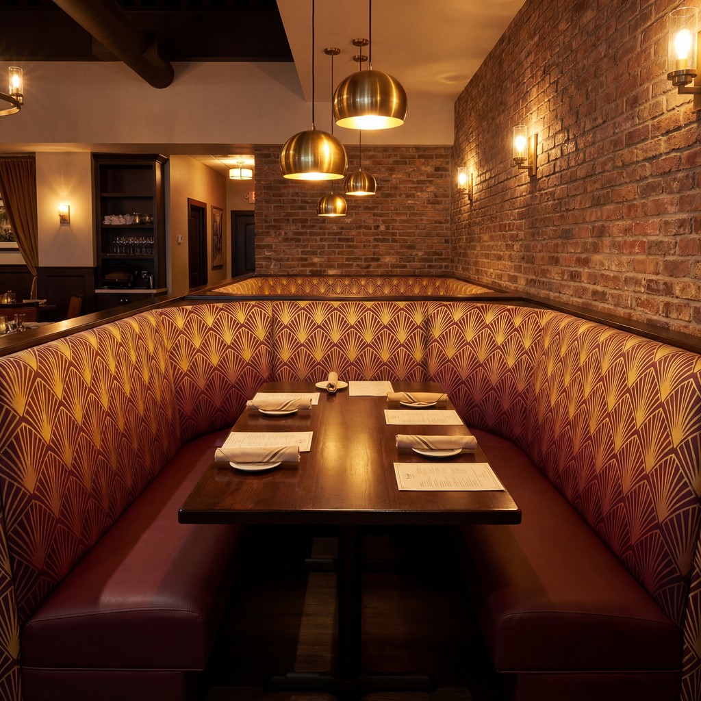 Restaurant interior with red booth seating and pendant lights; features restaurant seating digital inks.