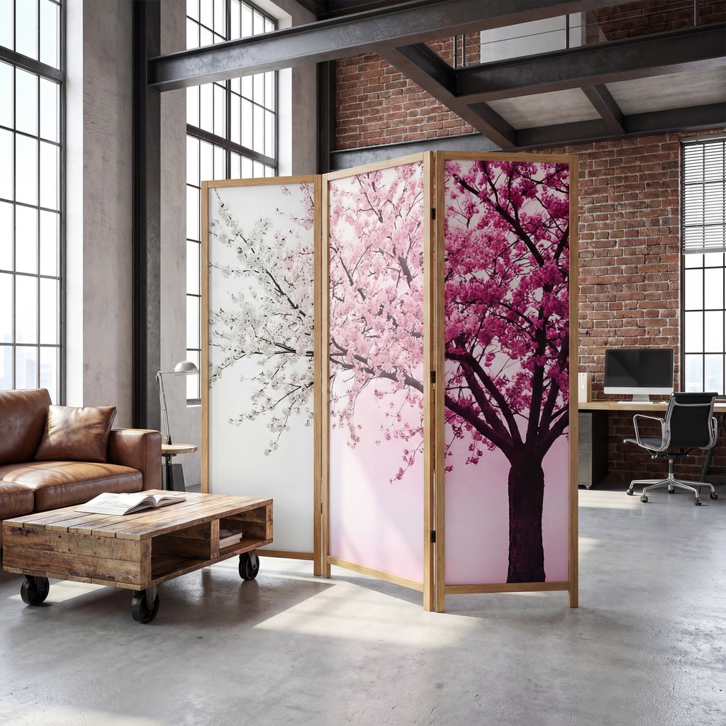 NUtec dye-sublimation inks room dividers in a modern living room with pink and white tree design.