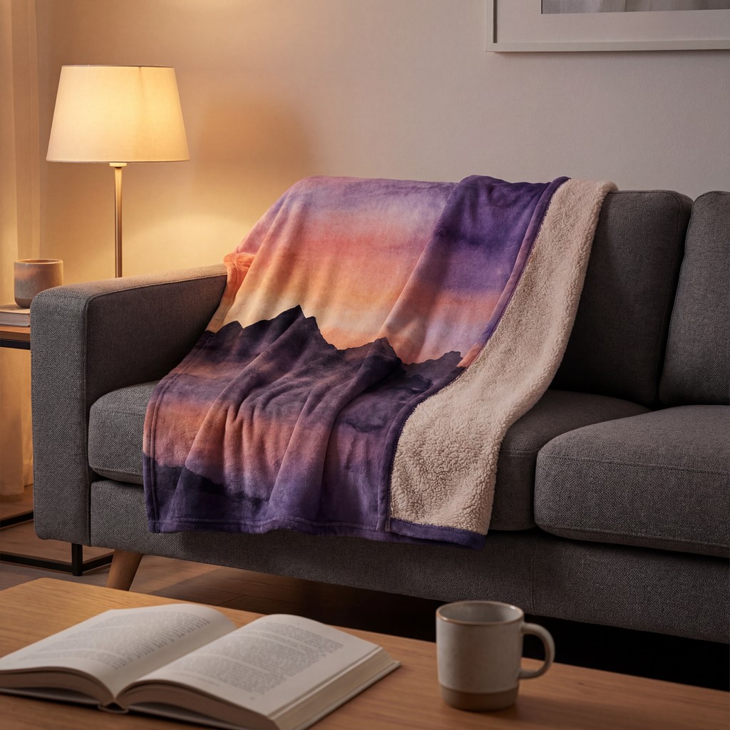 NUtec dye-sublimation inks throw blankets featured in a cozy living room with a purple and orange mountain design.