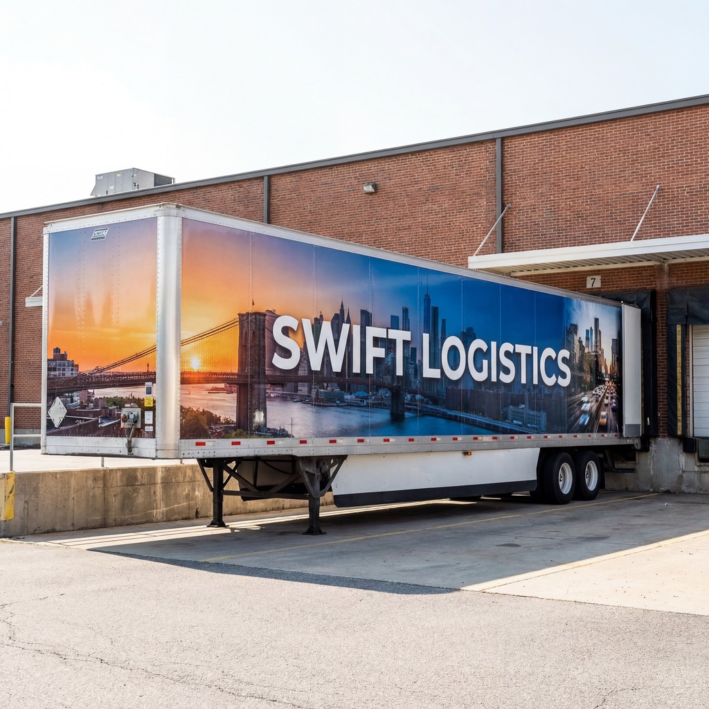 Semi-trailer truck displaying a city skyline graphic at sunset, trailer wrap digital ink visuals