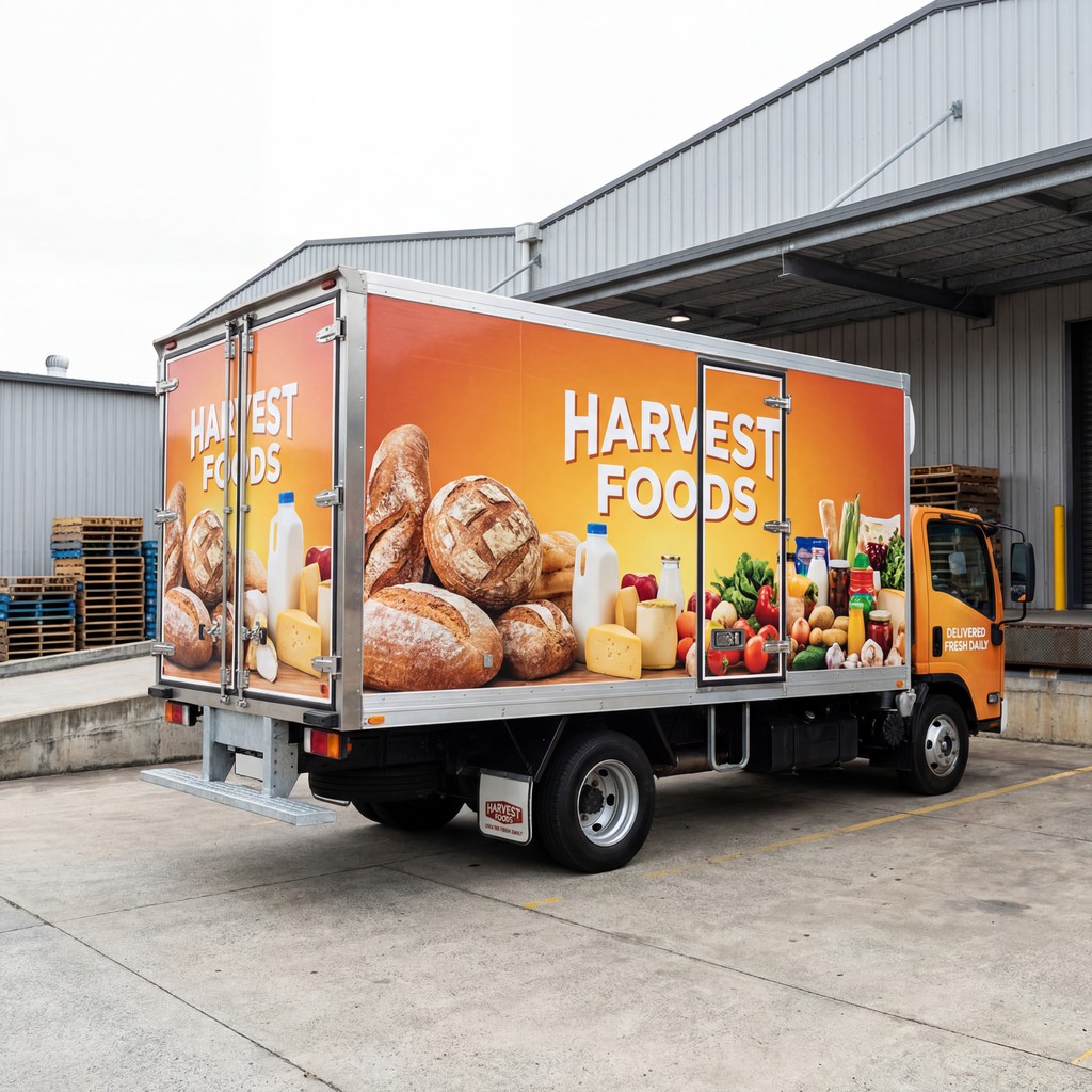 Harvest Foods truck with vibrant food advertisement, showcasing NUtec Digital Ink's durable vehicle wrap applications.
