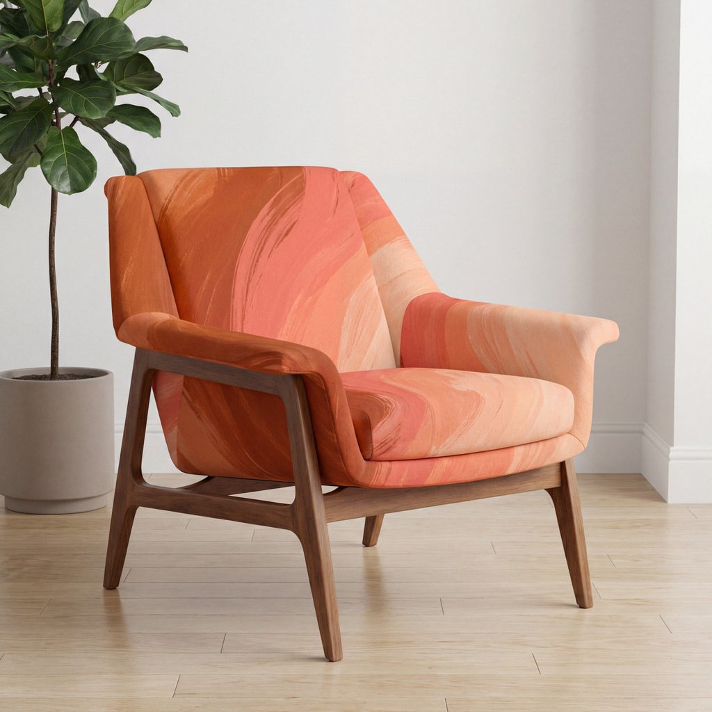 NUtec dye-sublimation upholstery inks on orange wave-patterned upholstery chair fabric in a modern room