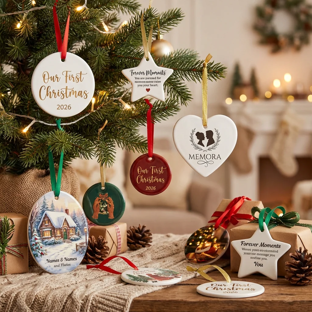 Decorative ceramic ornaments printed with personalised designs on a Christmas tree, showcasing small-format print quality with NUtec Aquamarine dye-sublimation ink for ceramic applications