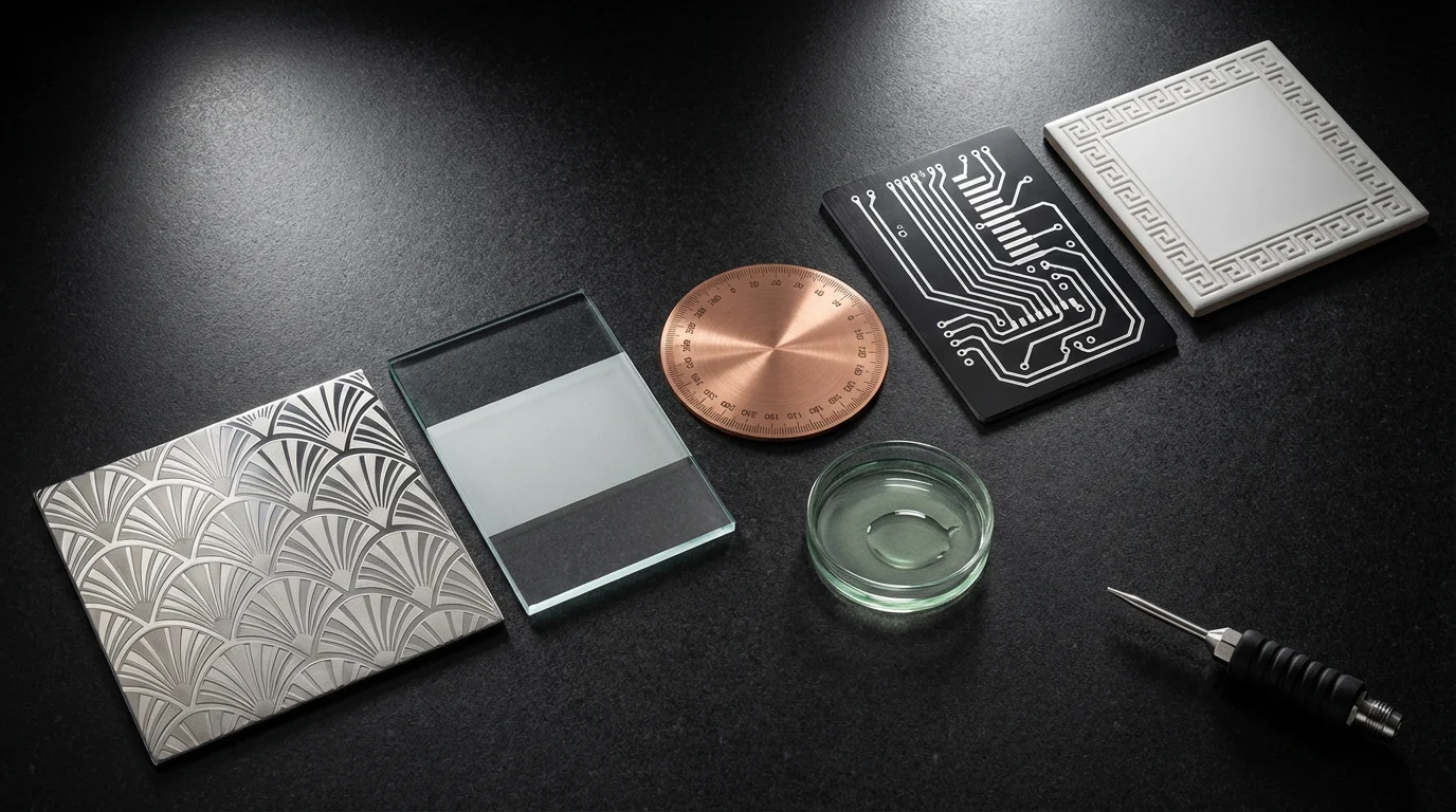 Close-up of glass and ceramic prints showcasing NUtec Digital Ink's development of etching inks compatible with digital printing technology