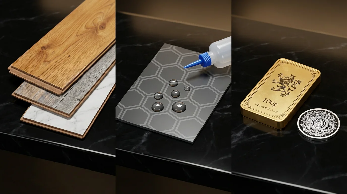 Sample of specialised V4 printing ink on assorted substrates, showcasing high-quality digital printing for wood and metal surfaces using NUtec Digital Ink technology.